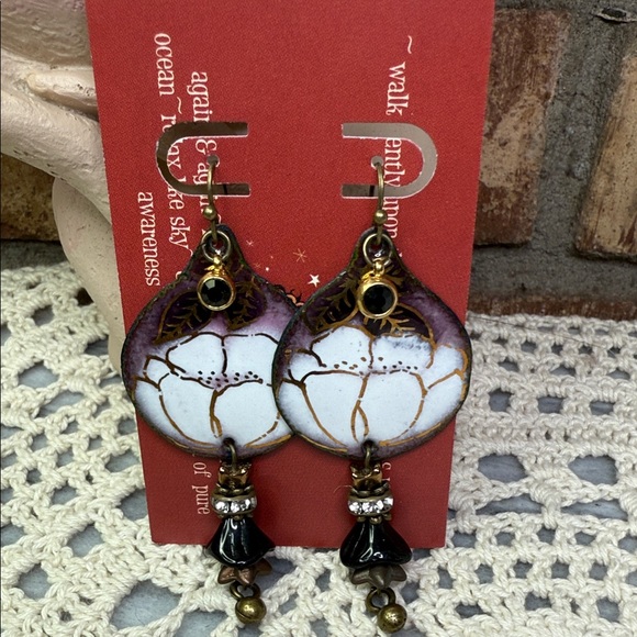 Elegant enameled lotus Floral & glass Drop Earrings
